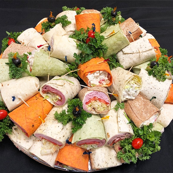 Tray of wraps prepared by big event caterers near One Court Square, Brooklyn, New York.